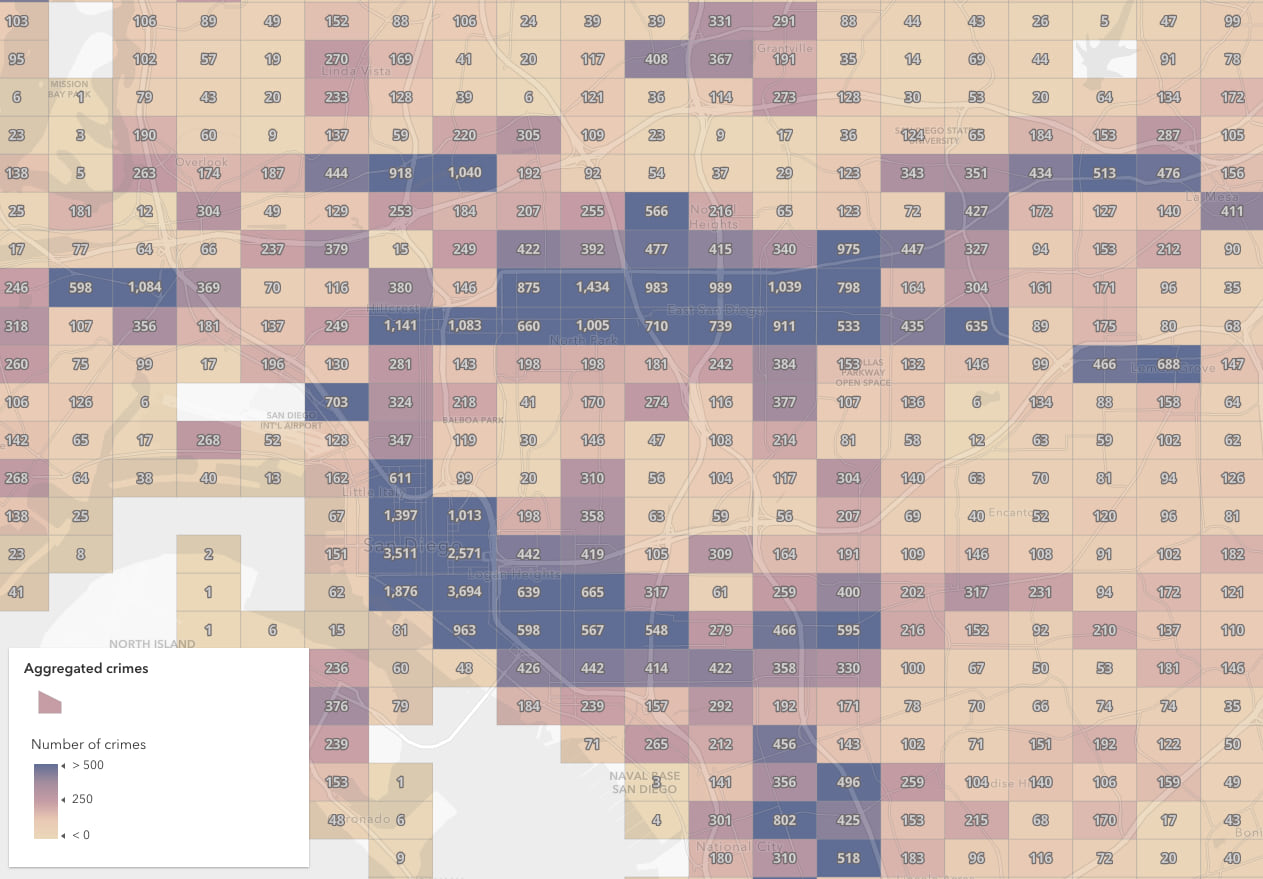 Density of crimes committed in San Diego, aggregated to geohash bins.