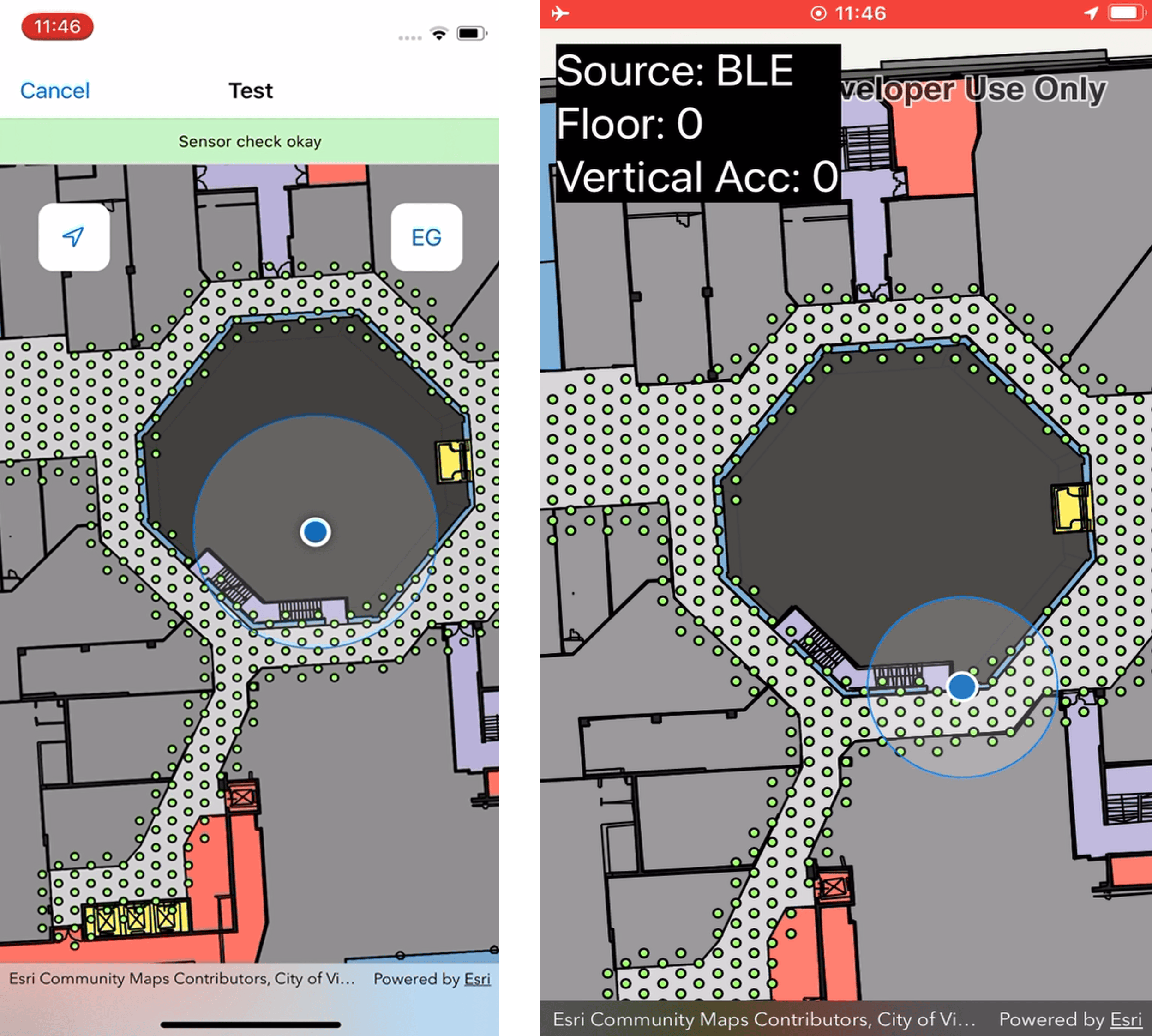 two mobile screens showing blue dot in area that was not surveyed vs. restricted blue dot