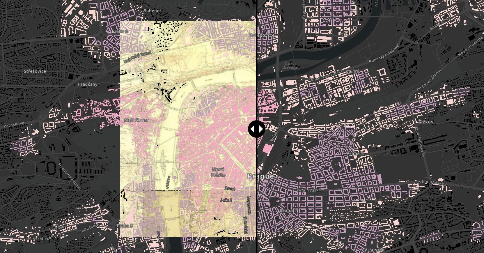 A side-by-side interactive slider of Prague showing city growth over time