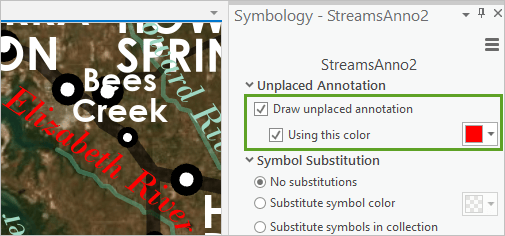 Draw unplaced annotation checked on the Symbology pane using the color red Draw unplaced annotation checked on the Symbology pane using the color red