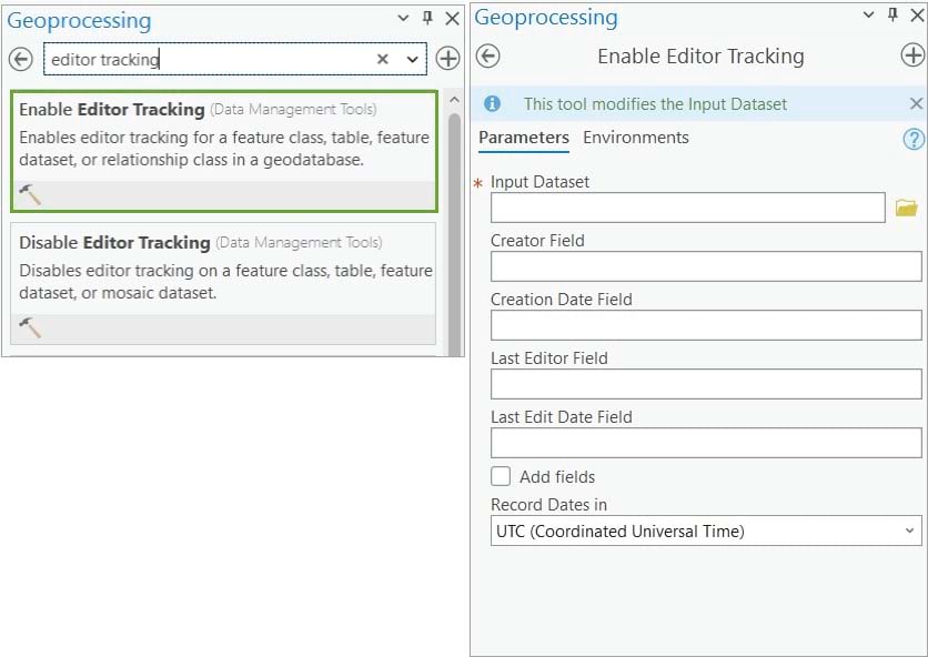 Enable Editor Tracking geoprocessing tool