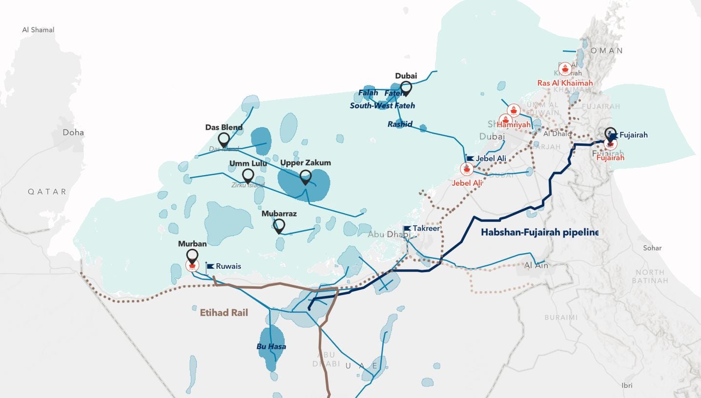 A hand-drawn map of energy sources and movement in Fujairah and the surrounding regions