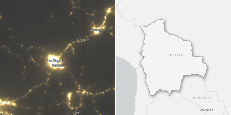 A map with glowing point features around Las Vegas and a map of Bolivia with a drop shadow outline