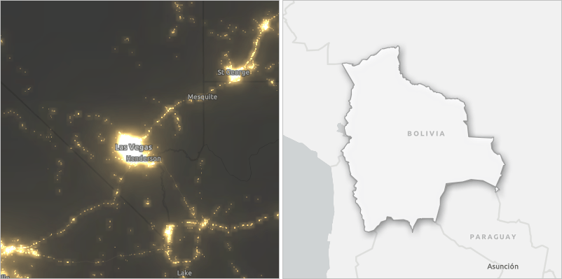 A map with glowing point features around Las Vegas and a map of Bolivia with a drop shadow outline A map with glowing point features around Las Vegas and a map of Bolivia with a drop shadow outline