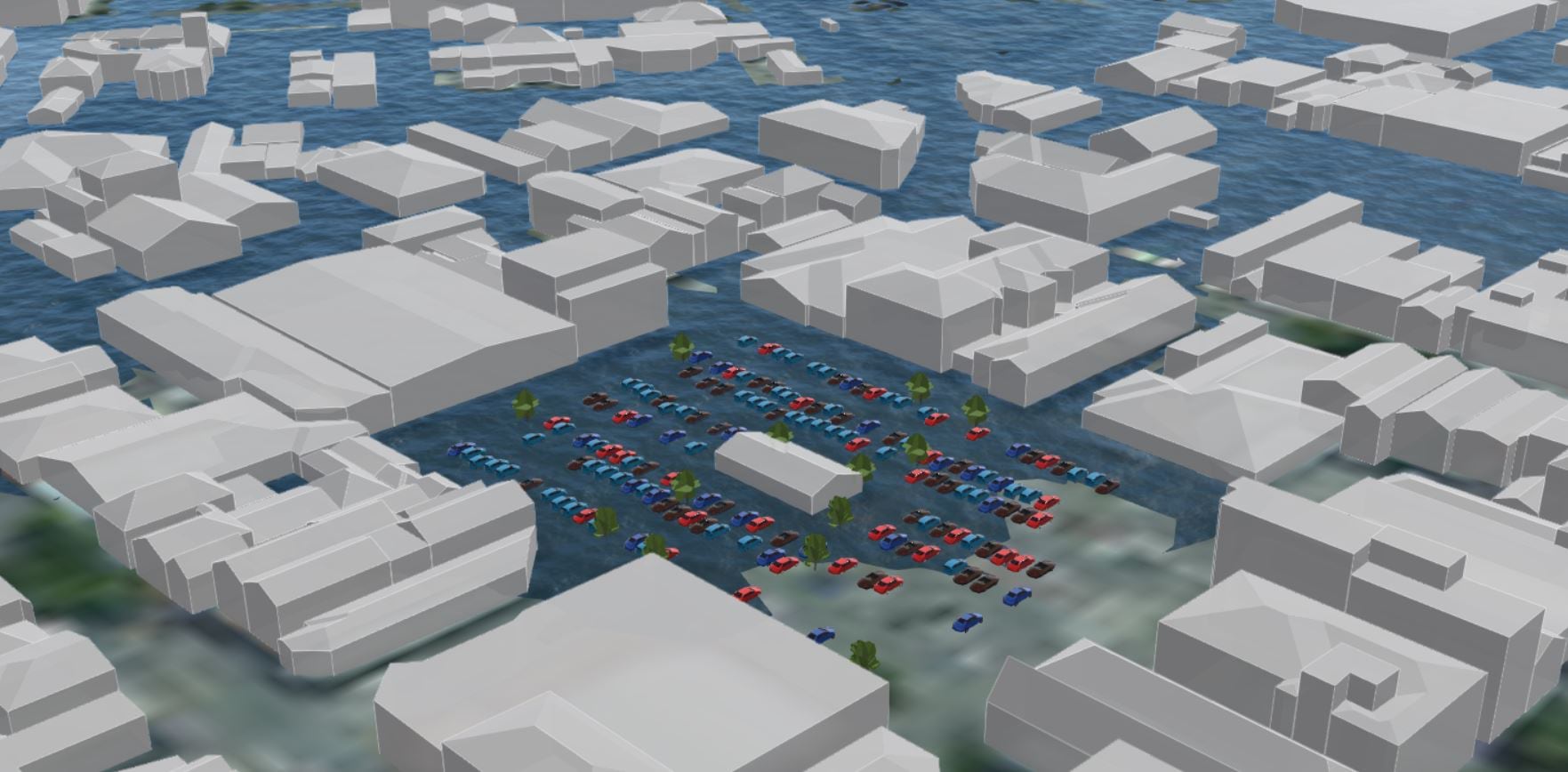 A 3D rendering of sea level rise over time, with Nelson partially under water in future projections