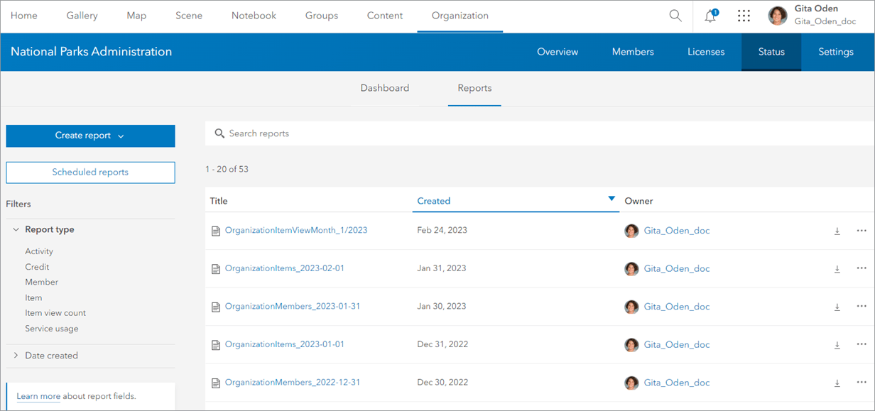 Administrative reports listed on Reports tab in ArcGIS Online
