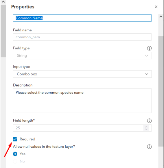 Required field is enabled through a check box in the properties panel