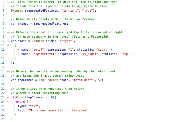 Arcade snippet showing how to create a table (part 1).