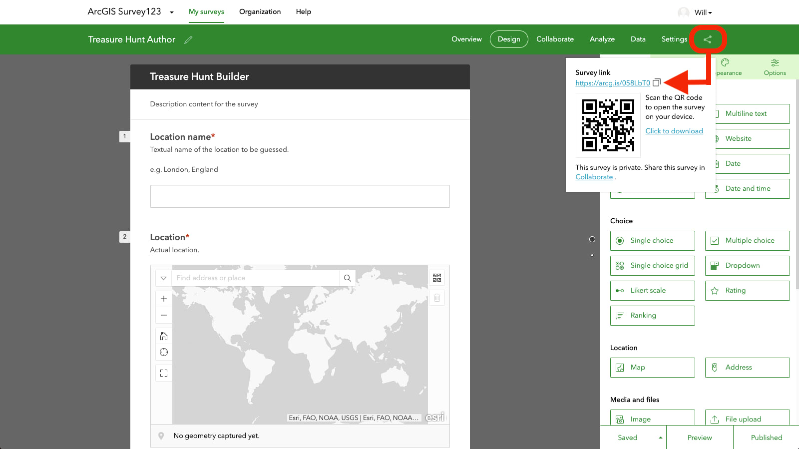 A screenshot indicating where to find the sharing options in an ArcGIS Survey123 form and where to find the link to the live survey in those options