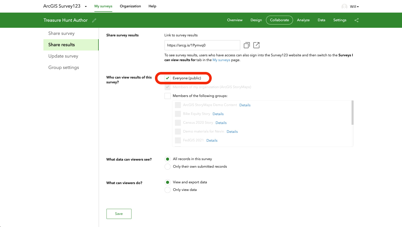 A screenshot of the sharing settings for an ArcGIS Survey123 form, indicating how to share the survey results publicly