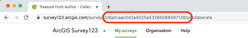 A screenshot indicating where to find the unique identifier of an ArcGIS Survey123 form in the URL for that form