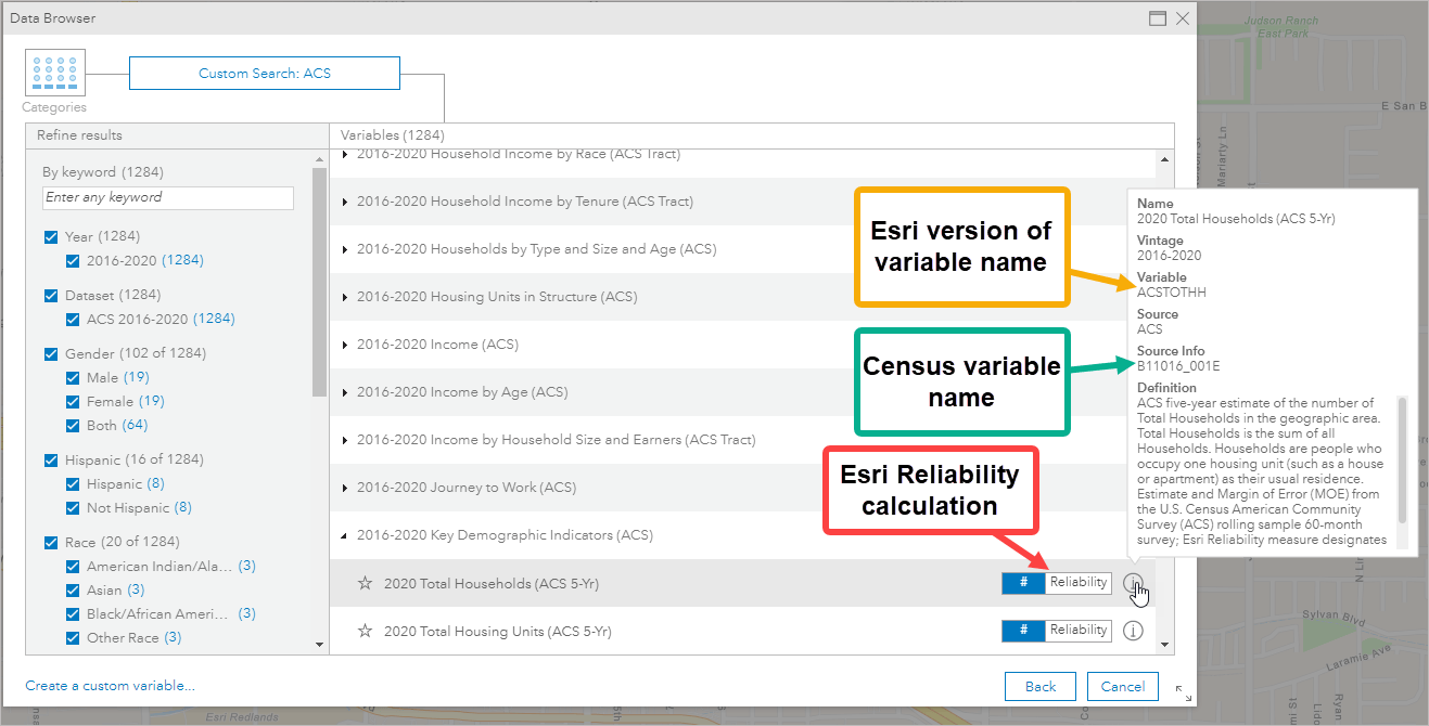 ACS variable information in data browser ACS variable information in data browser