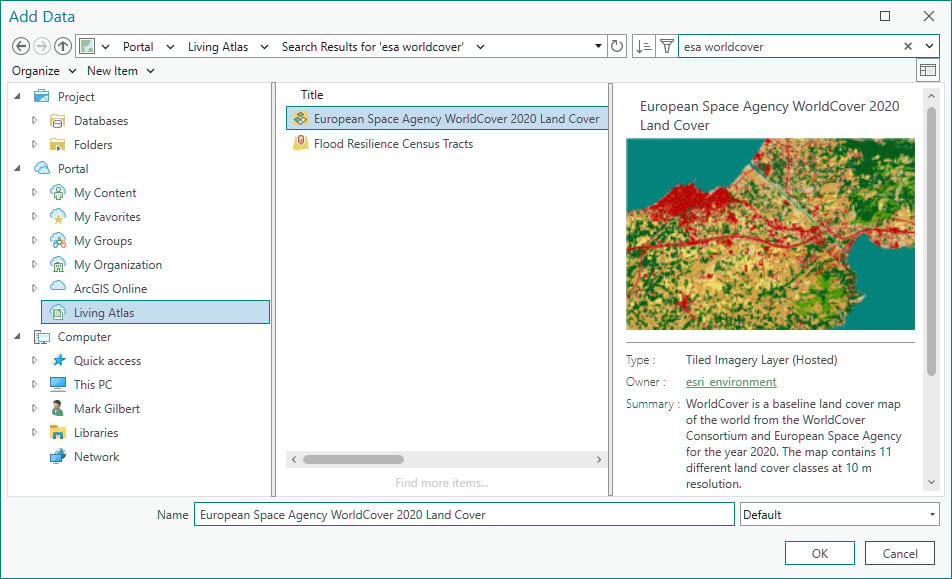 The Add Data pane showing ESA WorldCover text search.