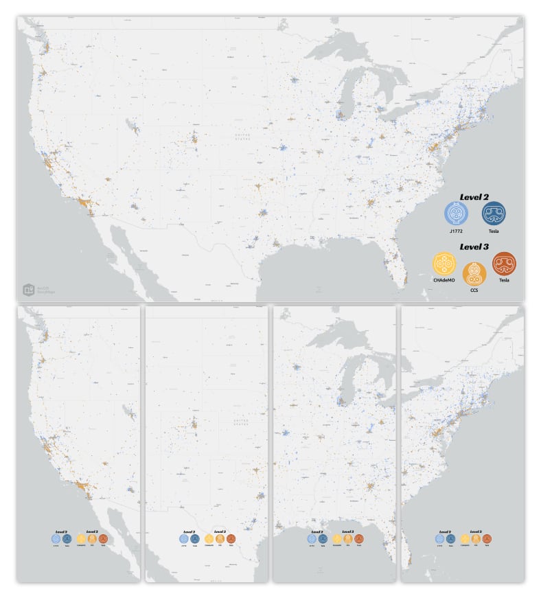 Map of the United States of America and the distribution of electric vehicle chargers and their type and charging capacity.