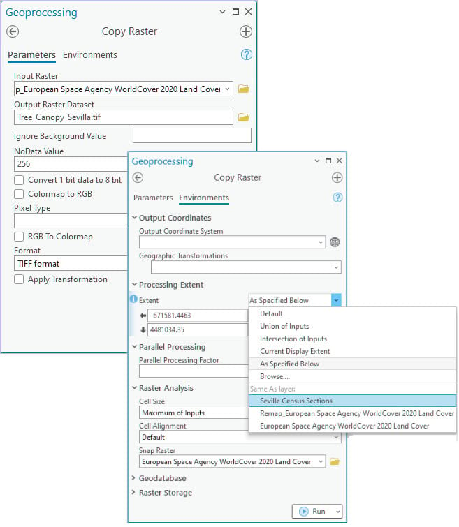 Copy Raster tool pane with TIF format specified.