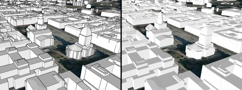 3D Object Scene Layer with (left) and without (right) edge rendering enabled.