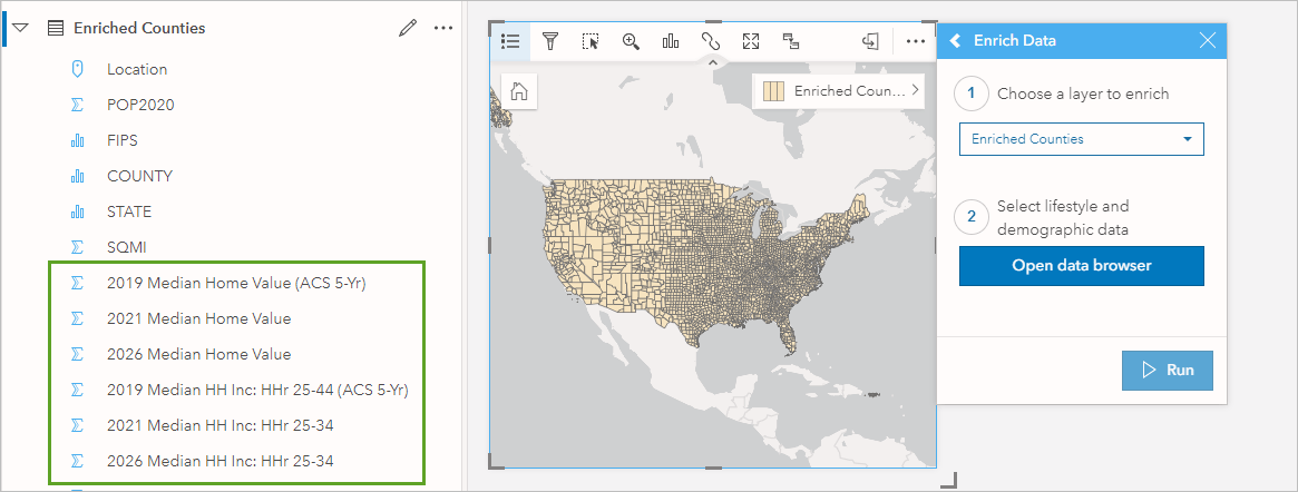SHows the field names added using the Enrich tool SHows the field names added using the Enrich tool