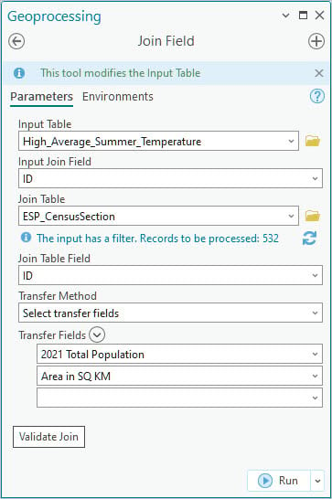 Join Field data entry pane showing parameters.