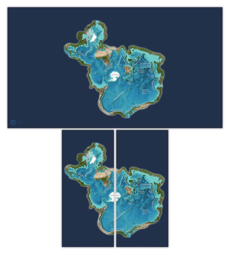 A map in Spillhaus projection depicting the ocean floor and some of the geographic feature within.