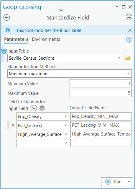 Standardize Field dialog box with inputs.