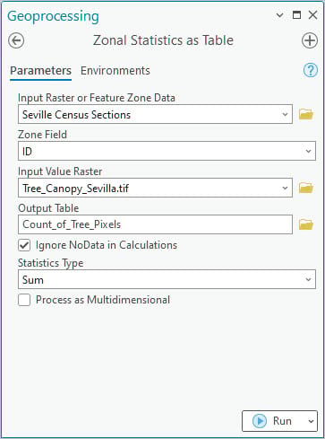 Zonal Statistics as Table pane with zones, input, and statistics type specified.