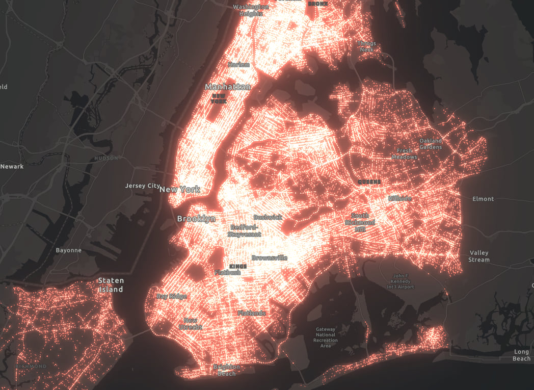 The density of motor vehicle crashes in New York City (2020) visualized with bloom.