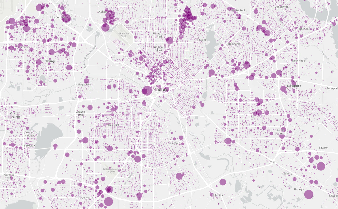 The population of Dallas, Texas using a proportional symbol map at the Census block level. This provides a more detailed representation of where people actually live. The proportional symbols also clarify where more people live with a finer degree of detail.