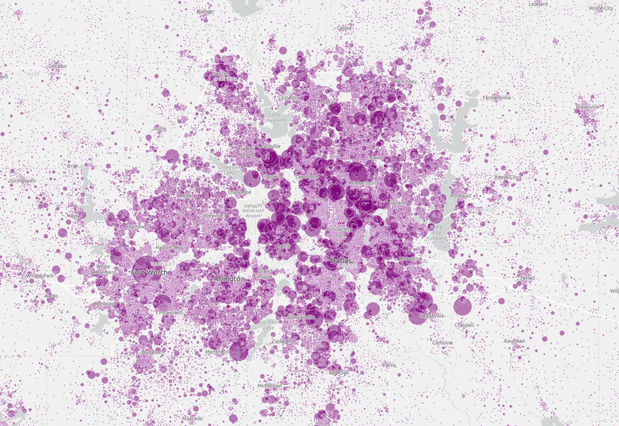 Visualizing dense datasets with proportional symbols works well within a reasonable scale range even when scale-dependent symbols are used.