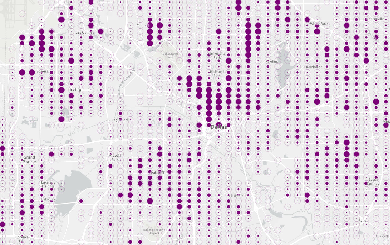 Population density of Dallas, Texas using Wurman dots. This style is a great way to visualize density at small scales where the data would otherwise significantly overlap.