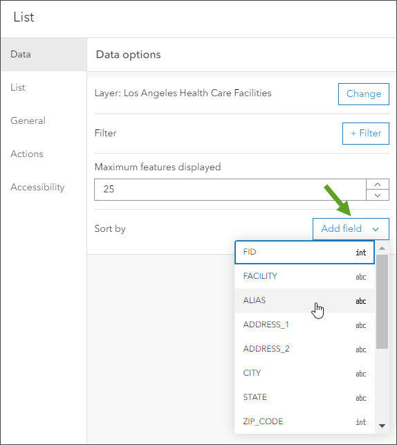 List element data options