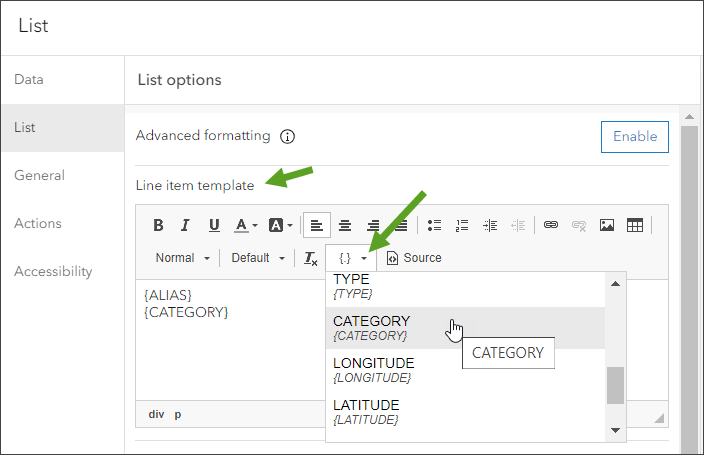 List element list options