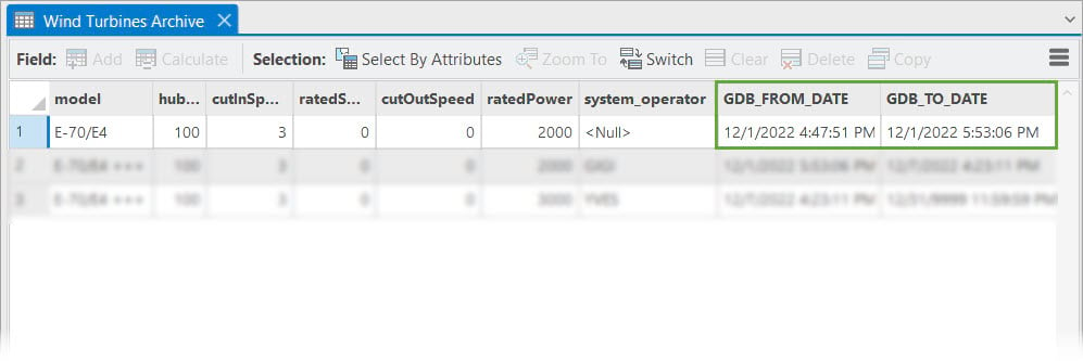 First row indicates when archving was enabled on the feature class (GDB_FROM_DATE) and when the first edit was made (GDB_TO_DATE)