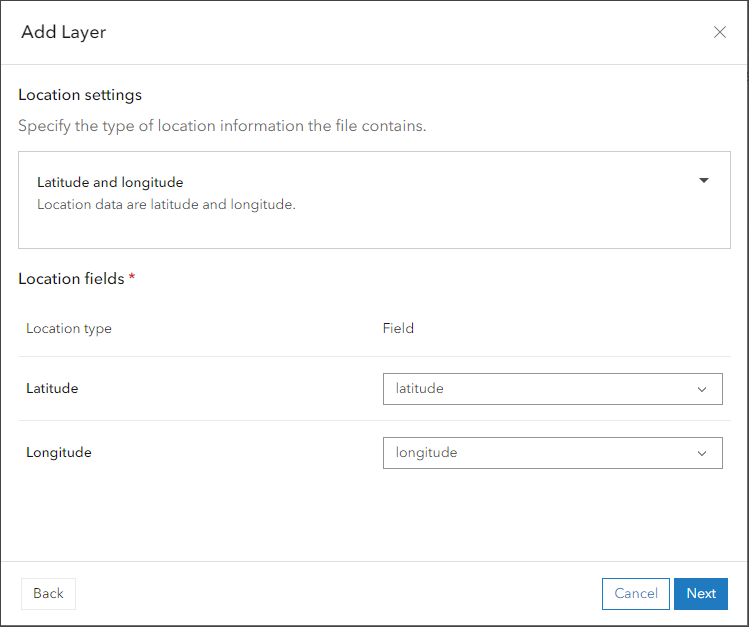 Choose location fields Choose location fields