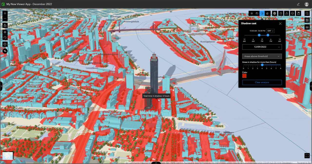 Analyze areas above thresholds (red) using the Shadow cast tool within ArcGIS GeoBIM.