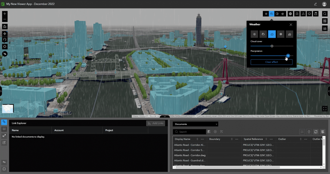 Simulate the intensity of rain and cloud cover conditions within 3D scenes using the Weather tool in ArcGIS GeoBIM.