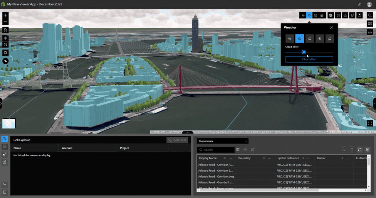 Adjust the density of cloud cover within 3D scenes using the Weather tool in ArcGIS GeoBIM.