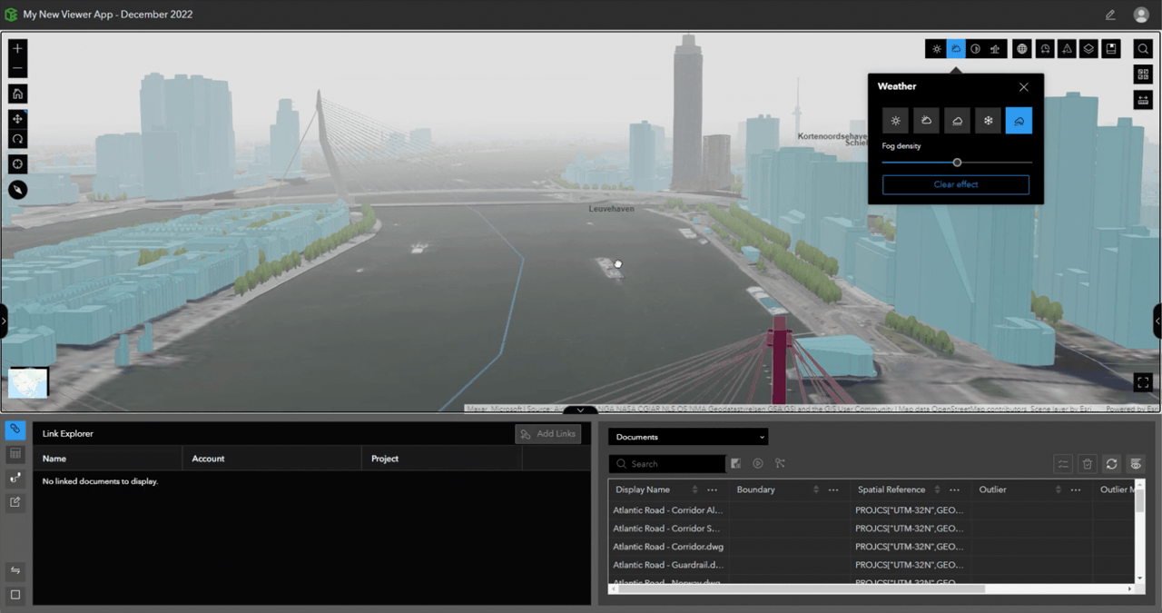Explore project sites, assets, and planning scenarios in foggy conditions using the Weather tool in ArcGIS GeoBIM.