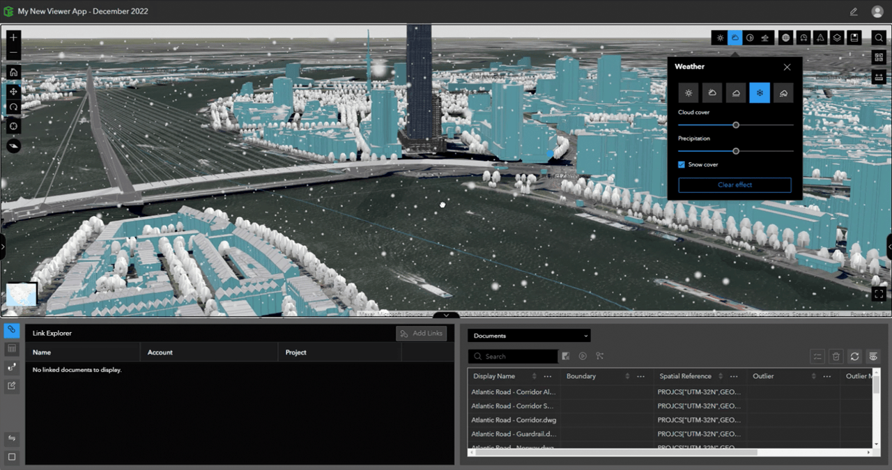 Add snow cover to 3D scenes and objects using the Weather tool in ArcGIS GeoBIM.