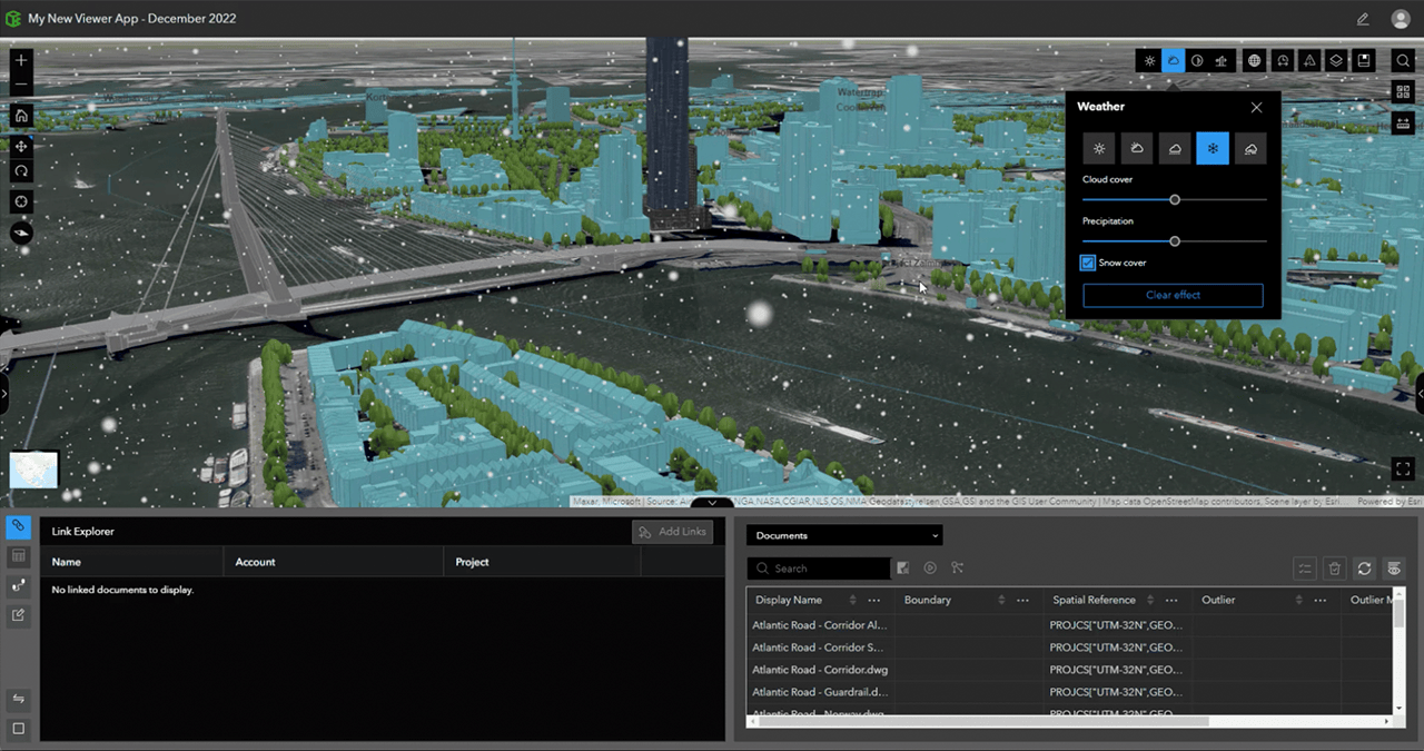 Visualize 3D scenes and models with light to heavy snow conditions using the Weather tool in ArcGIS GeoBIM.