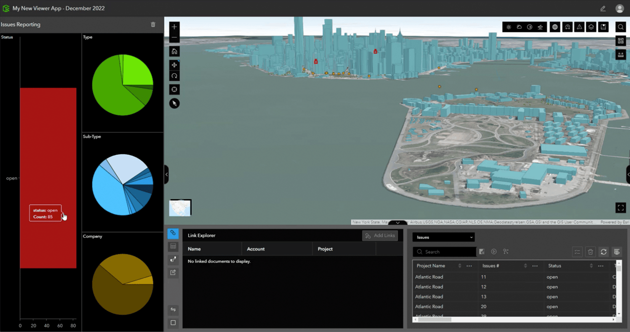 The December 2022 release of ArcGIS GeoBIM brings a new dashboard experience through charts directly in the Viewer app template for reporting on project issues.