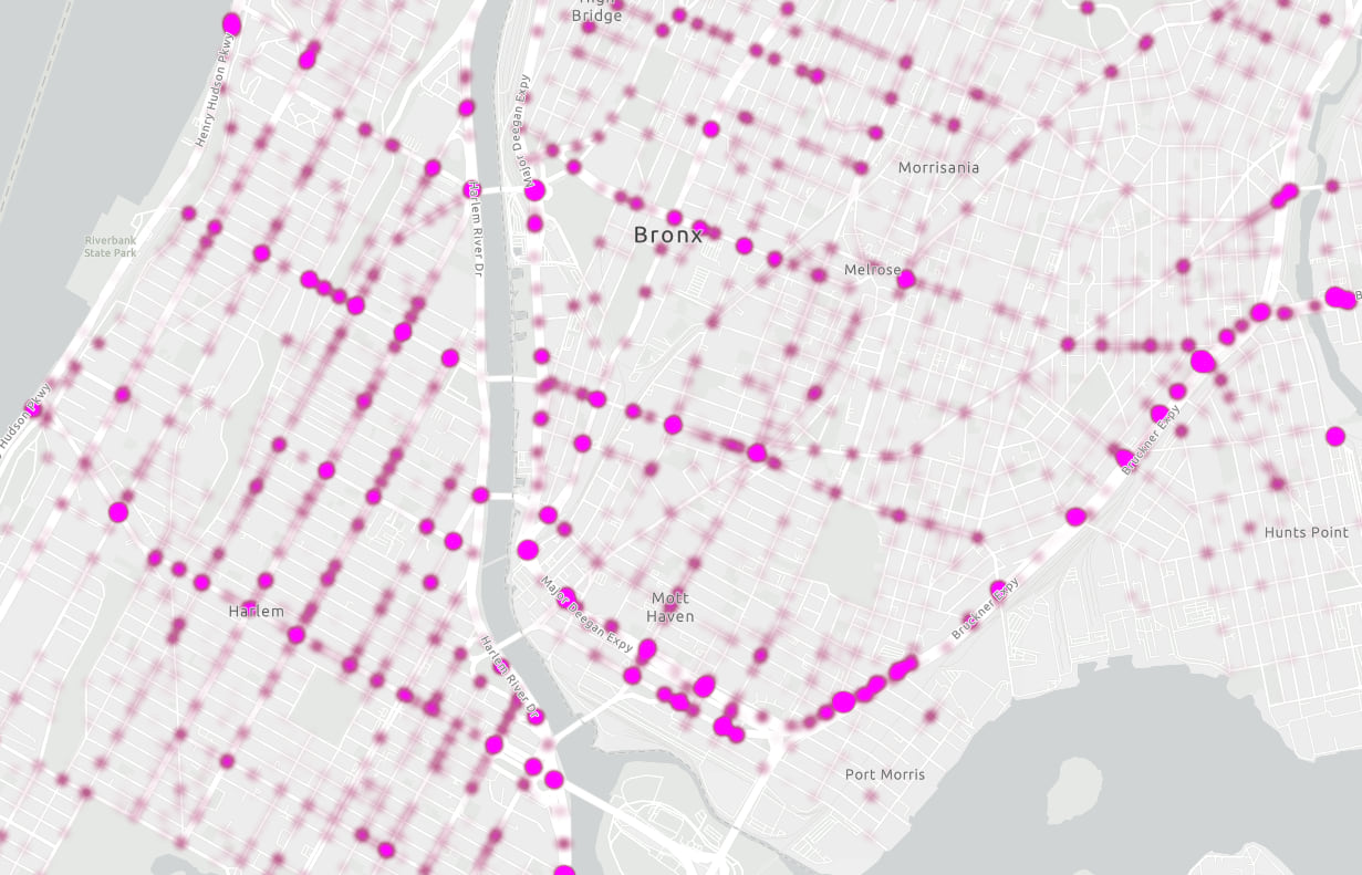 The density of motor vehicle crashes in Bronx, New York City (2020) visualized as a heatmap.