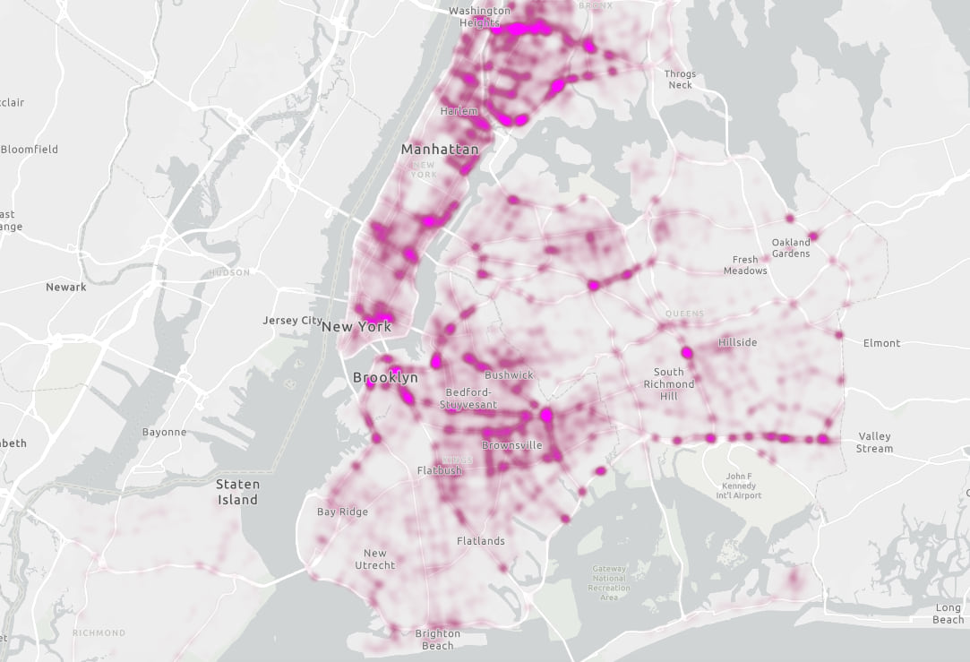 The density of motor vehicle crashes in New York City (2020) visualized as a heatmap.
