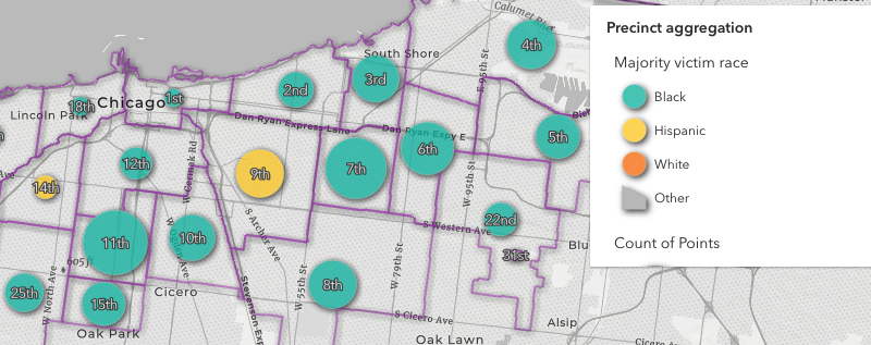 Homicides aggregated to police precincts. You may be required to summarize large datasets to meaningful political boundaries. Homicides aggregated to police precincts. You may be required to summarize large datasets to meaningful political boundaries.