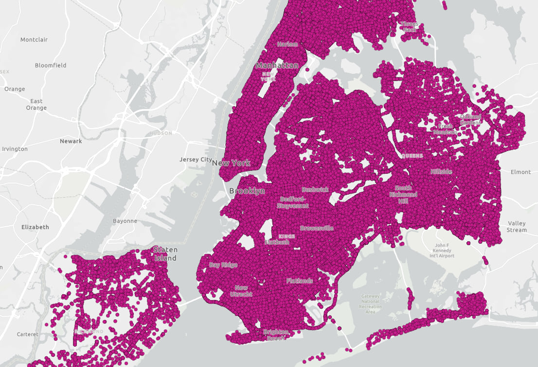 More than 100,000 motor vehicle crashes in New York City. One dot represents one crash.