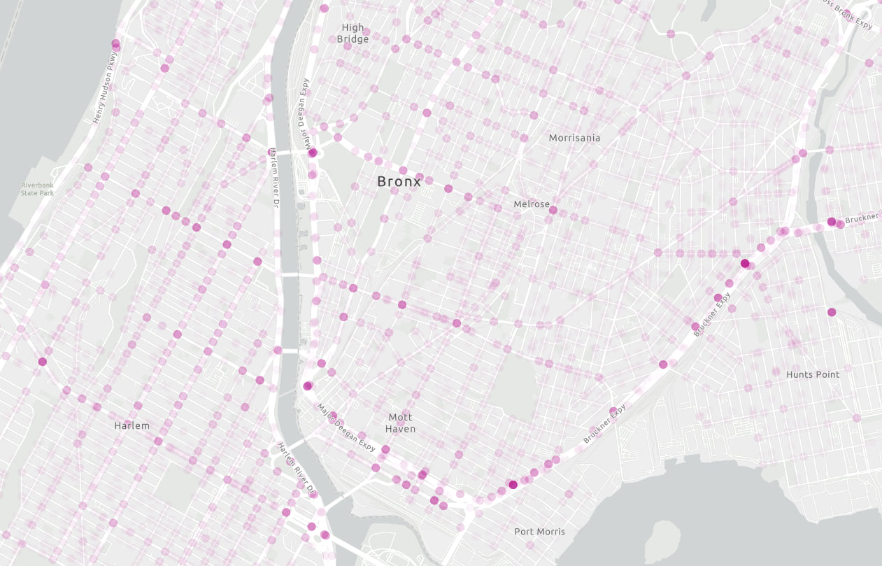 The density of motor vehicle crashes in Bronx, New York City (2020) visualized with per-feature opacity.
