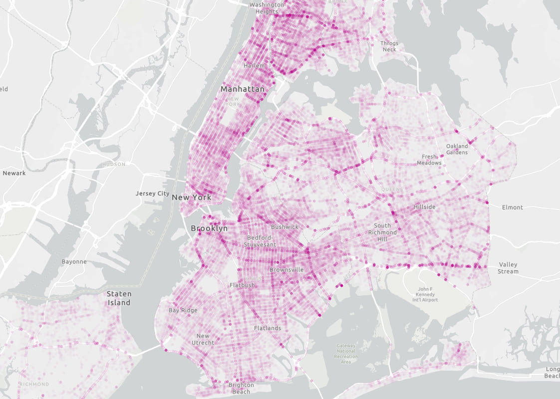 The density of motor vehicle crashes in New York City (2020) visualized with per-feature opacity.