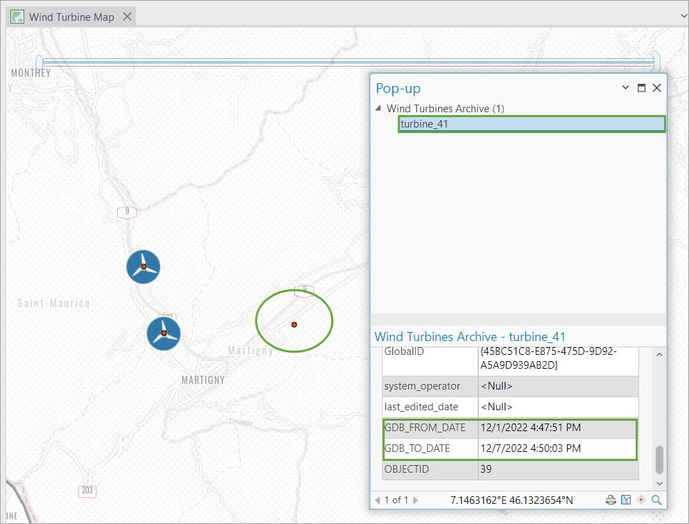 Turbine 41 GDB_TO_DATE field confirming the feature was deleted during phase 3