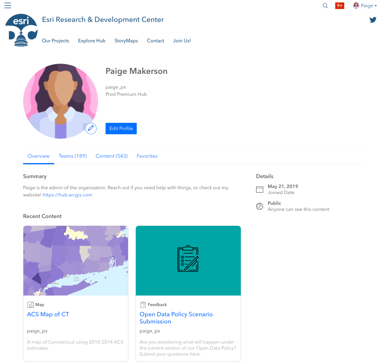 User profile; work with teams in Hub.