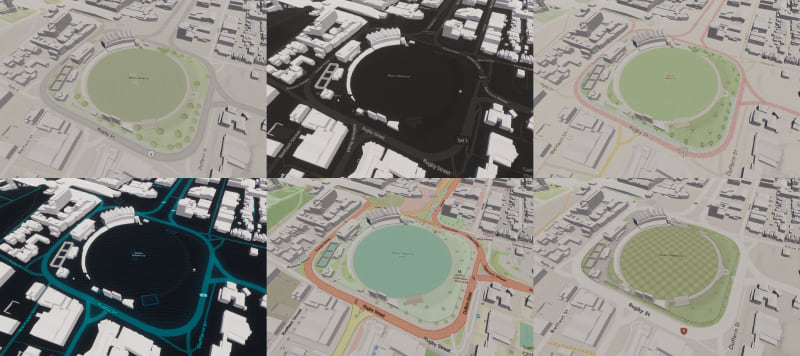 Buildings on an ArcGIS Platform vector tile basemap with different styles