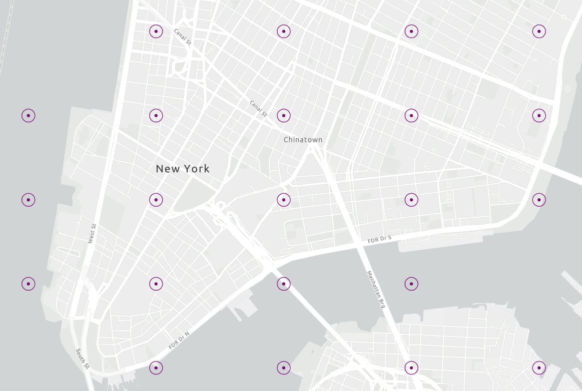 A fixed size for Wurman dot symbols only works well at one scale. When zoomed in, symbols will appear much smaller than the bin they represent, creating gaps in the grid. This is because pixels represent smaller areas as you zoom in.